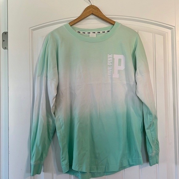 PINK Victoria's Secret Tops - Pink Victoria’s Secret Green Ombré Varsity Crew Long Sleeve Top Small